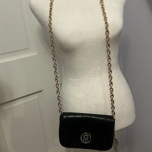 Tommy Hilfiger Black Leather flap crossbody bag with gold chain